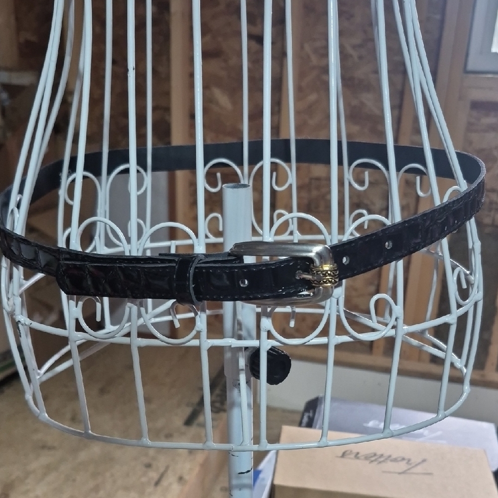 Black Croc-Embossed Belt with Gold Buckle